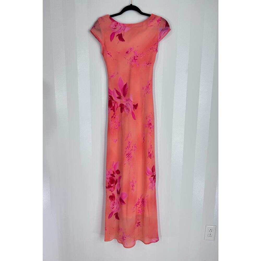 TEEZE ME Women’s Coral Floral Print Sheer Maxi Dress Sz 3